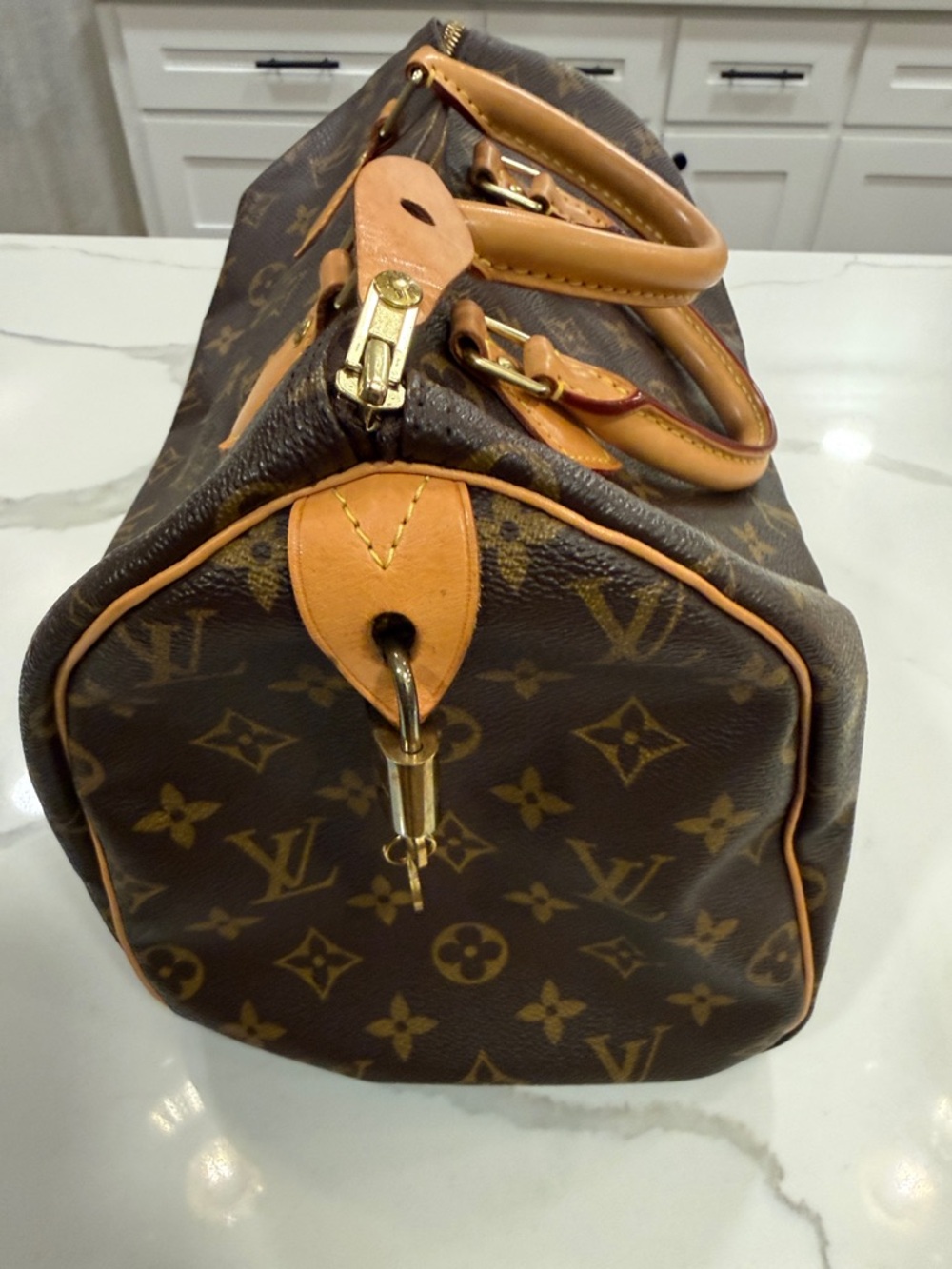 Louis Vuitton Brown Monogram Satchel with Tan Leather Handles - Picture 3 of 16